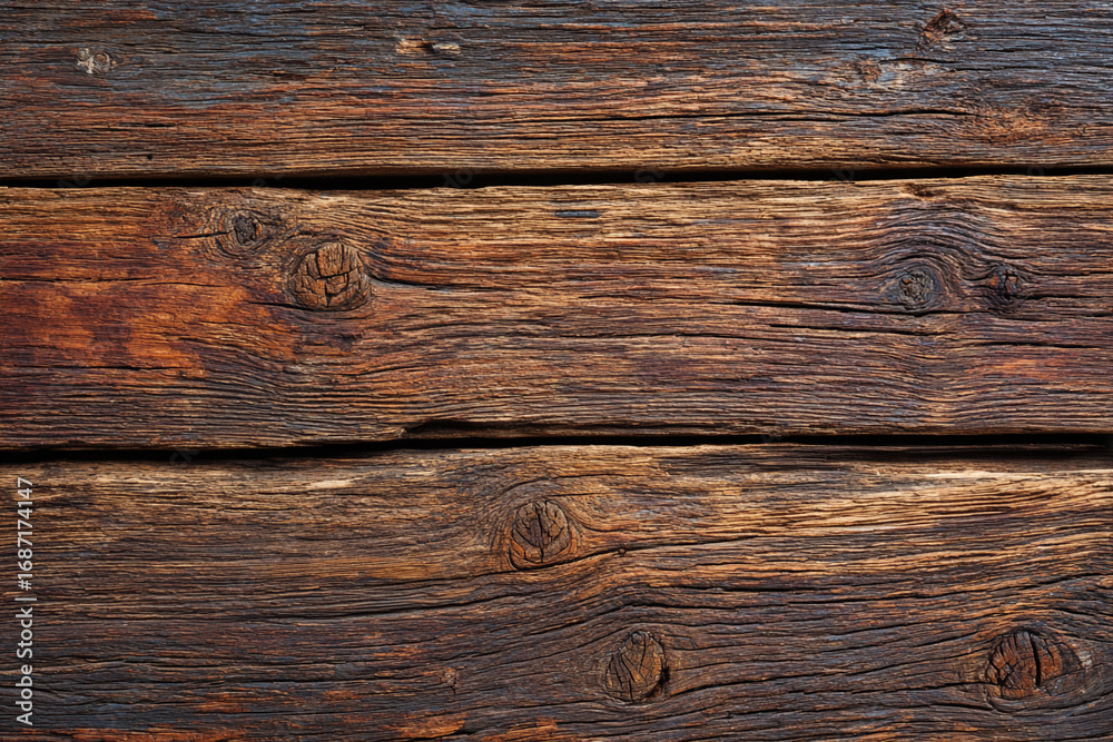 Fototapeta premium Dark brown aged wood planks rustic texture background weathered wood grain detail