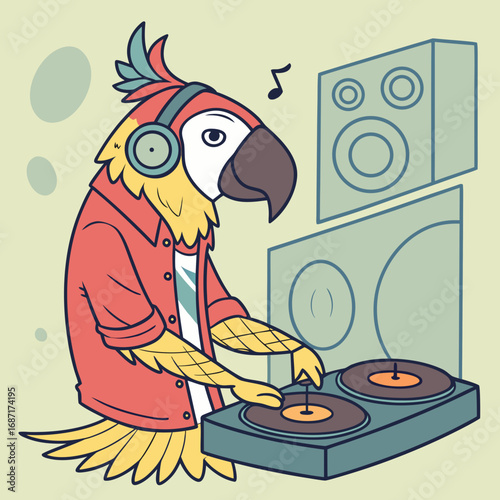 Cool cartoon parrot wearing headphones and a red shirt djing with turntables and speakers enjoying music