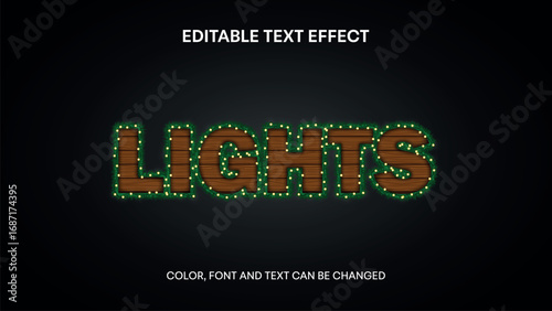 christmas editable text effect with wooden texture   and border with garland and Christmas lights