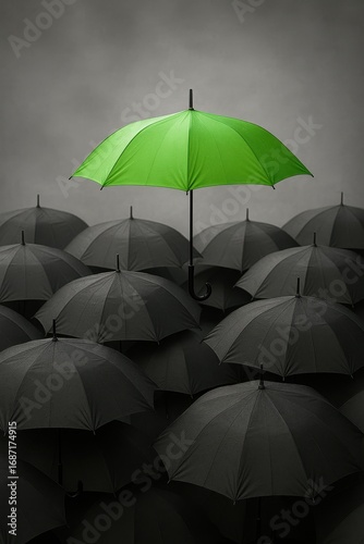 Vibrant green umbrella standing prominently among monochrome umbrellas for leadership and differentiation concepts