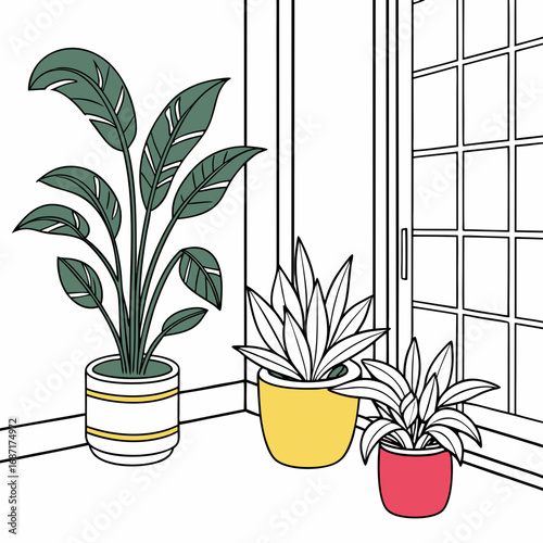 Stylized illustration of potted houseplants in a room with a large window and clean lines