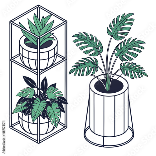 Stylized isometric illustration of two potted houseplants in modern planters and a geometric shelf unit