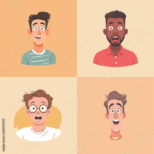 Four animated characters display different facial expressions, showcasing joy, surprise, and curiosity. The vibrant background enhances the playful atmosphere amidst smooth, cartoonish designs.