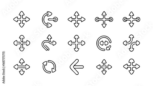 Versatile collection of line art arrow icons, including four-way, curved, and circular designs for navigation and user interface controls