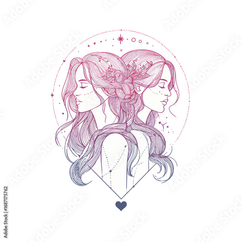 Elegant artwork showcases two women with intricate hairstyles and floral accents, connected by a heart and cosmic elements, reflecting unity and beauty.