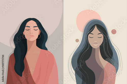 Two distinct illustrations feature women with long dark hair and closed eyes, radiating serenity. Both women wear stylish attire, embodying grace and poise in minimalist artistic expressions.