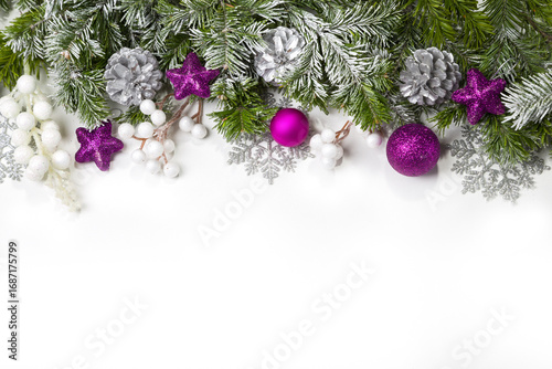 Christmas card with fir branches and Christmas decorations