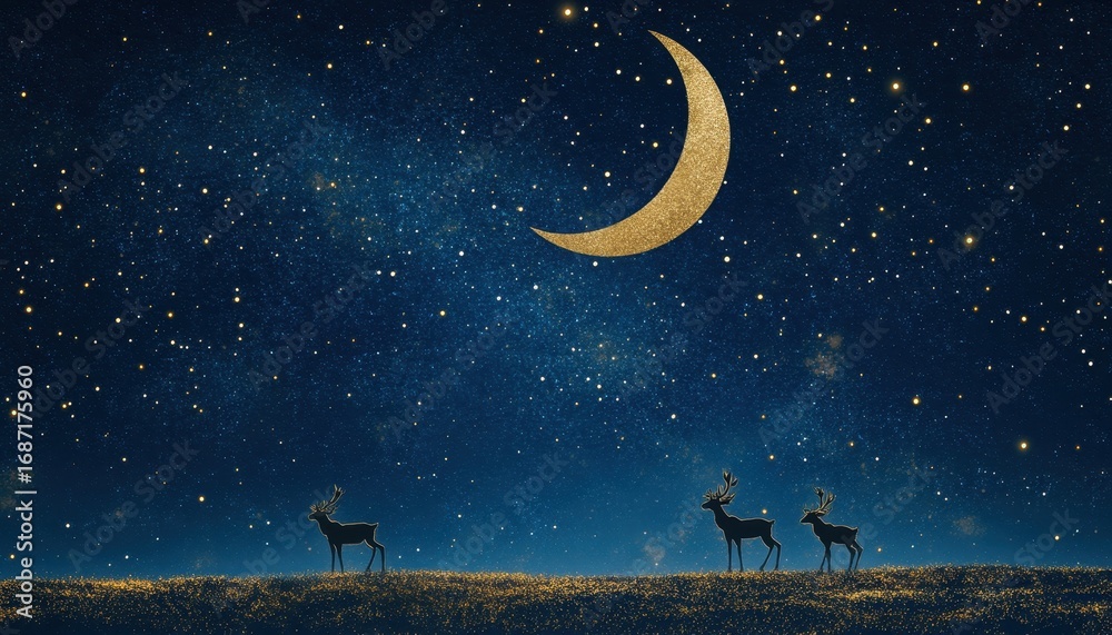 Naklejka premium Enchanting Christmas Night Scene: Golden Moon, Starry Sky, and Silhouettes of Reindeer on Glittering Ground