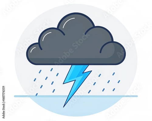 Isolated vector art of a powerful weather storm, showing a dark thundercloud with heavy rain and a sharp lightning bolt