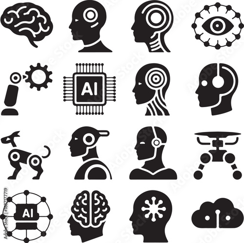 Artificial Intelligence and Robotics Icons Brain Robot Eye Chip vector illustration