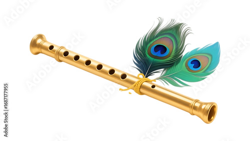 Golden flute with peacock feathers, Indian musical instrument.