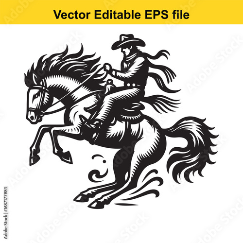 Cowboy riding a horse, isolated on white background