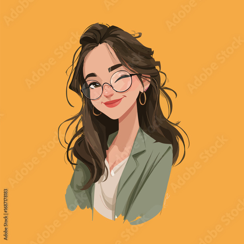 A young woman is smiling and winking playfully while wearing glasses and a green blazer. Her long hair is styled in loose waves, and the background is a vibrant yellow.