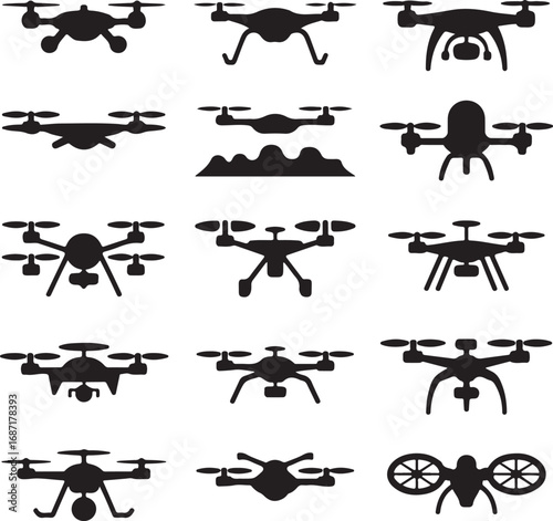 Drone Icons Collection Diverse Quadcopter Silhouettes and Designs vector