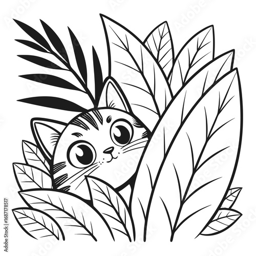 A cute cartoon cat peeking out from behind large green leaves in a jungle setting.