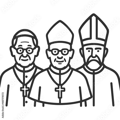 Black line icon of three bishops wearing mitres and crosses in religious attire