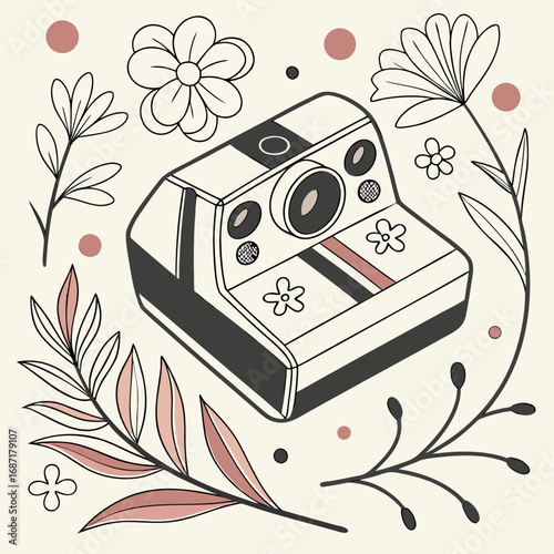 Hand-Drawn Nostalgic Camera and Flowers