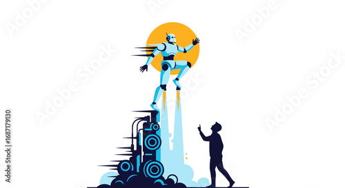 Bold robot leaps to new heights with jet boots, inspiring future tech and innovation for humanity