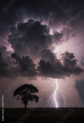 A solitary tree stands in a field as a massive thundercloud looms overhead, with lightning striking below, creating a dramatic and powerful scene