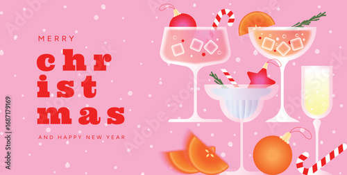 Merry Christmas and Happy New Year 2026 festive cocktails with champagne glass, orange slices, candy canes, baubles, pink background and snowflakes. Vector flat holiday party card