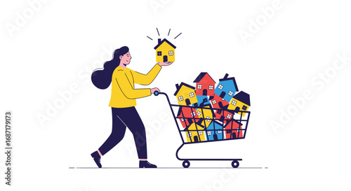 Woman shopping for ideal home pushing cart full of colorful houses ready to buy property investment