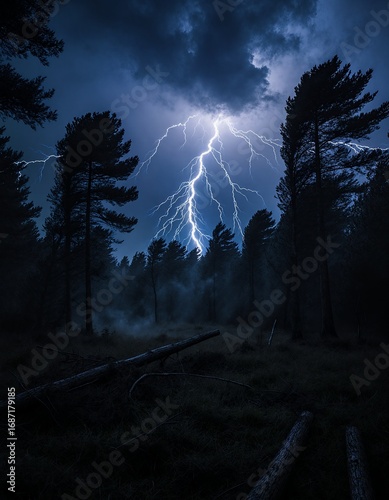 A Dramatic Lightning Strike Illuminates the Dark Forest, Creating a Mesmerizing Contrast Between Light and Shadow