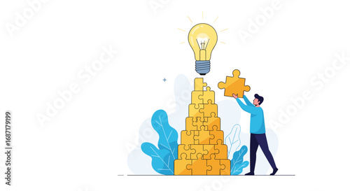 Man completing puzzle pyramid for innovative business solutions and creative teamwork success now