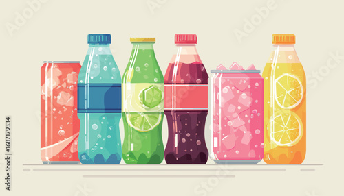 A vibrant display of different soft drink containers, including cans and bottles, showcasing various flavors and colors. The arrangement highlights the refreshing options available for hydration.