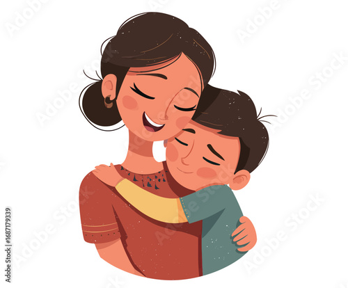 A mother hugs her son, both smiling and radiating happiness. The colors are warm, showcasing a loving bond. This illustration captures the essence of affection and family love beautifully.