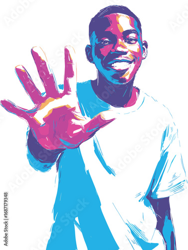 A young boy smiles widely while extending his hand forward in a playful gesture. The artwork is characterized by bright colors and a lively graphic style that expresses happiness and vitality.