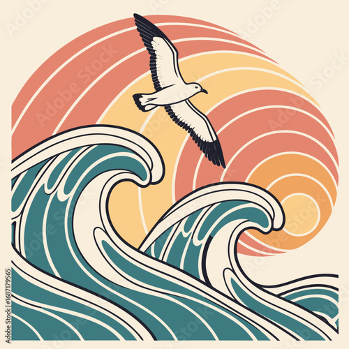 Stylized seagull flying above cresting ocean waves