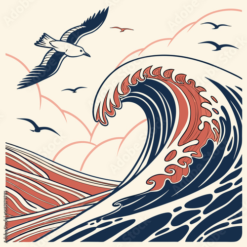 Ocean Wave with Seagulls Illustration