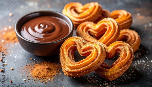 Heart-Shaped Churros with Rich Chocolate Dipping Sauce - Valentines Day Treat.
