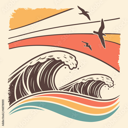 Retro Wave Illustration with Flying Seagulls