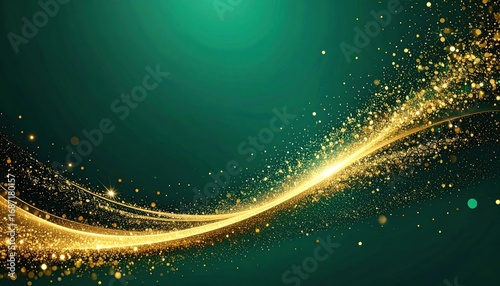 Luminous Golden Glitter Wave Elegantly Flows on Deep Emerald Green Background.