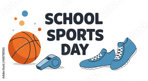 School sports day banner with basketball, shoes, and whistle   for promoting athletic events and student engagement
