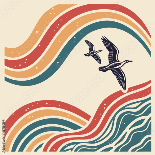 Retro Rainbows with Flying Birds Illustration