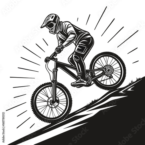 A black and white illustration of a mountain biker descending a steep, grassy slope.