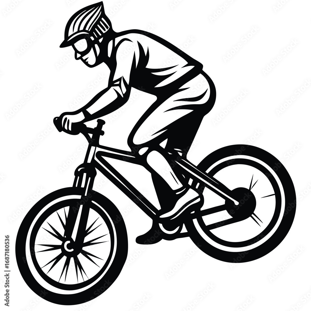 Fototapeta premium Monochrome illustration of a cyclist riding a mountain bike.