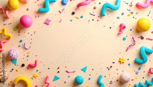 Playful 3D Celebration Frame with Colorful Confetti and Streamers on a Pastel Background.