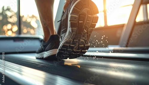 Runners Foot Stride on Treadmill with Sunlit Gym Background.