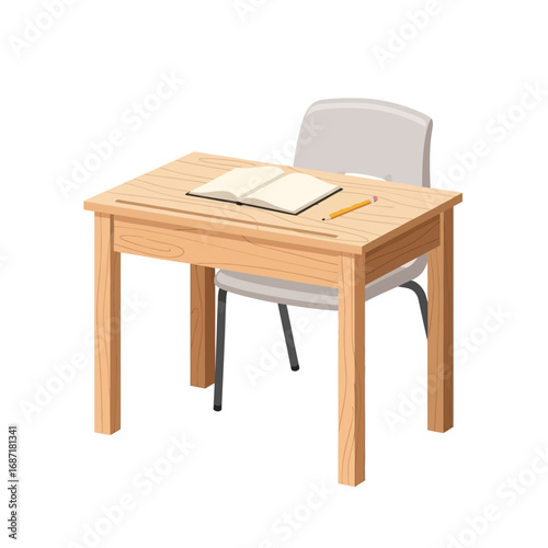 Wooden School Desk with Open Notebook and Pencil