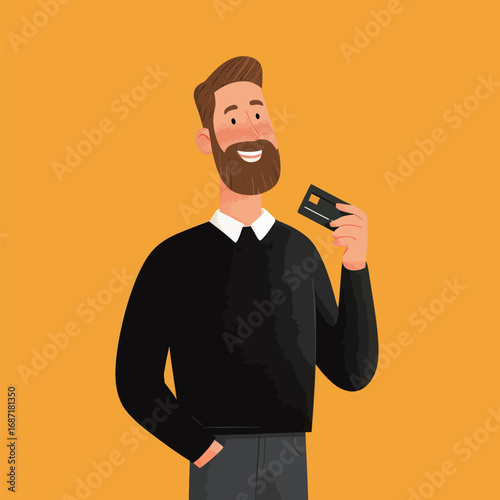 A joyful young man with a beard stands against a vibrant yellow background, confidently holding a credit card in his hand, exuding excitement and positivity.