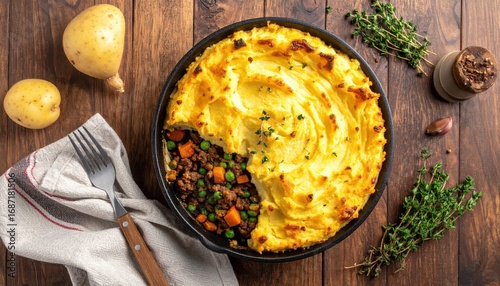 Rustic Shepherds Pie - Golden Crust, Hearty Filling, and Warm Wood Backdrop.