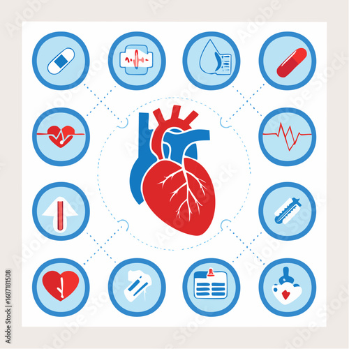 Infographic-style vector icon collection for the human cardiovascular system, containing 16 minimal flat icons: heart, arteries, and blood flow indicators, presented in red and blue flat tones on a cl