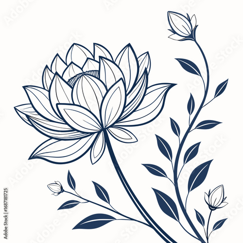 Elegant Lotus Blossom with Delicate Foliage Sketch