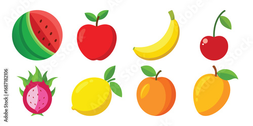Collection of colorful cartoon fruits including watermelon apple banana cherry and more