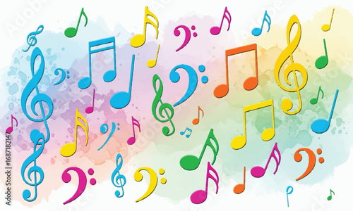 Colorful musical notes scattered against a watercolor background, design element.