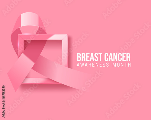 Breast cancer awareness text banner with rose ribbon bow in glossy pink square frame on pink background. Looks like vote mark. Modern octobre rose poster