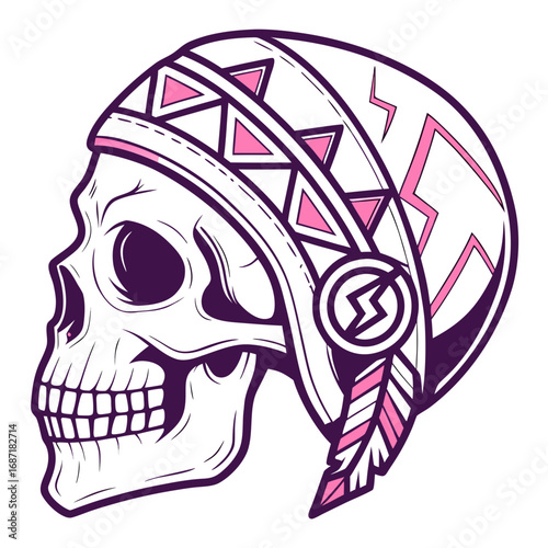 Tribal Skull Illustration with Feather Headdress